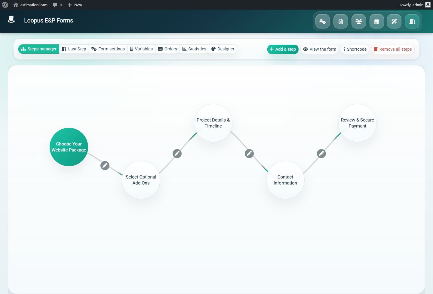 WordPress quote form builder showing the form steps