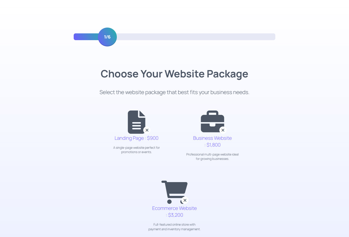 Frontend WordPress quote form package selection step