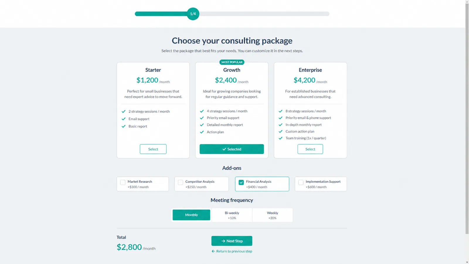 Consulting package calculator form with scoped service options