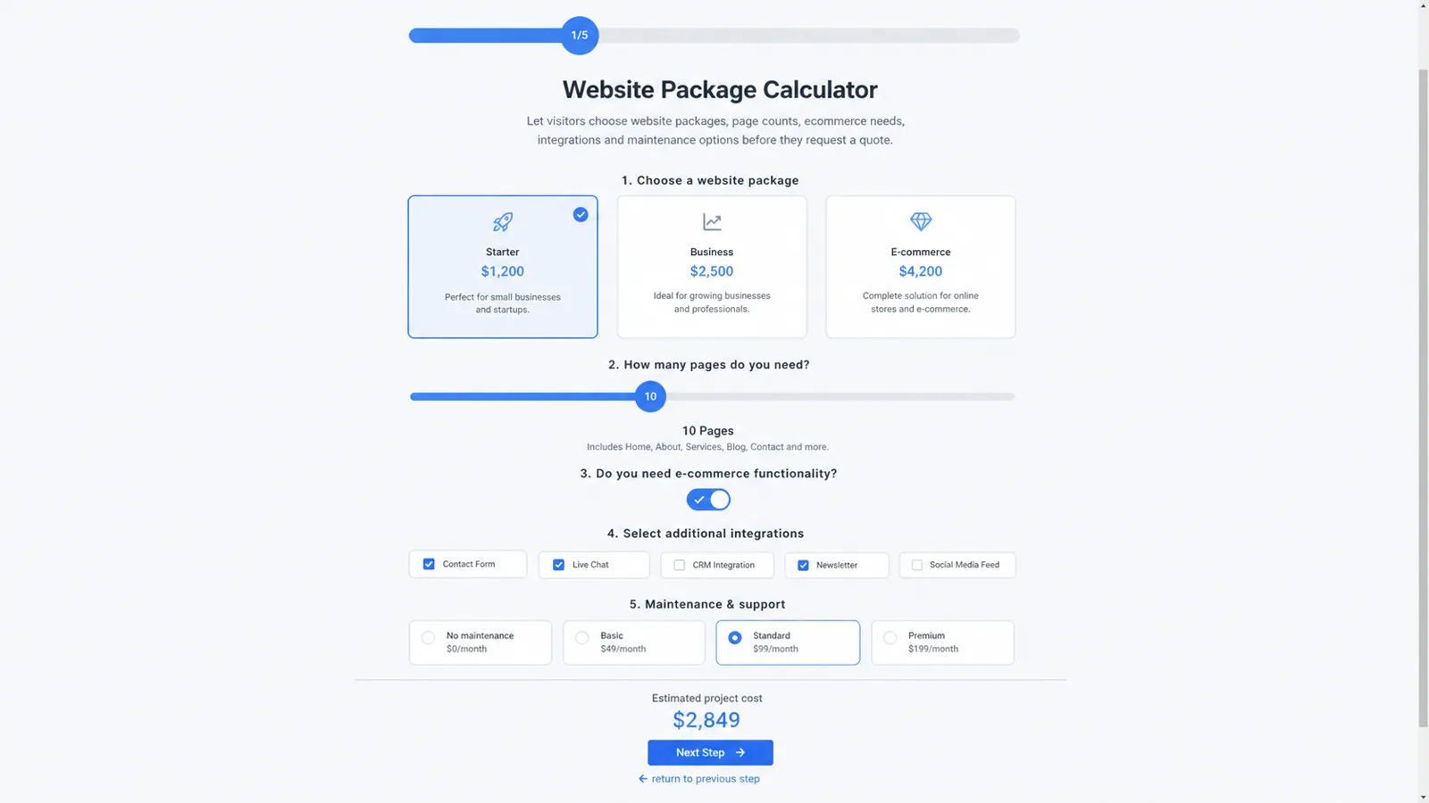 Website package quote calculator form with one-time and annual purchase context